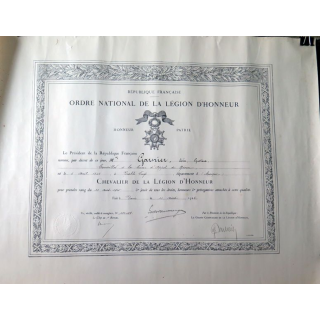Diplôme de l'Ordre National de la Légion d'Honneur attribué en 1926