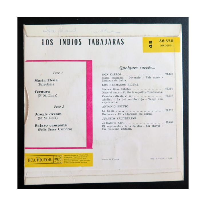 Disque 45 Tours Los IUndios et Tabajaras de Maria Elena