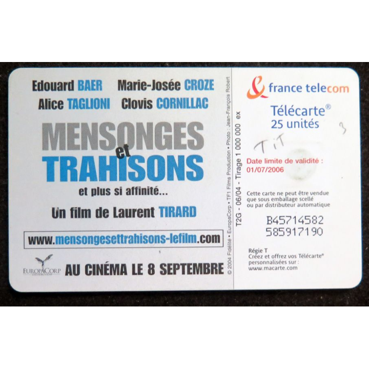 Carte téléphonique télécarte 25 mensonges trahisons et plus si affinité