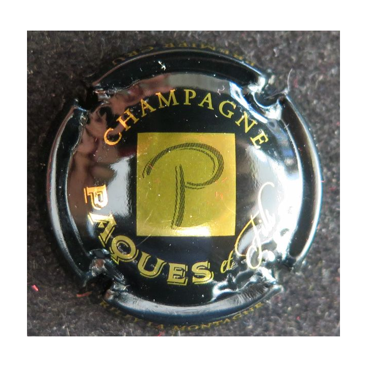 Capsule Muselet de bouteille de champagne PAQUES et Fils n° 1 Noir et Or brillant