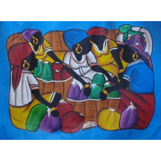 ART NAÏF HAÏTIEN : SCÈNE DE MARCHÉ -HUILE SUR TOILE 40x30 cm
