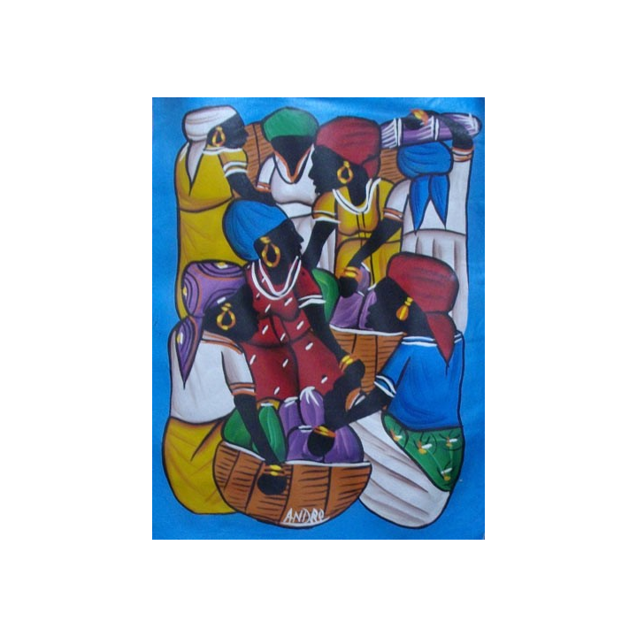 ART NAÏF HAÏTIEN : SCÈNE DE MARCHÉ -HUILE SUR TOILE 40x30 cm