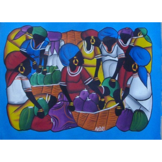 ART NAÏF HAÏTIEN : SCÈNE DE MARCHÉ (HUILE SUR TOILE 40x30 cm