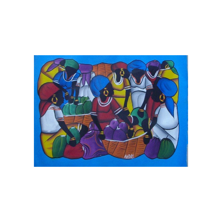 ART NAÏF HAÏTIEN : SCÈNE DE MARCHÉ (HUILE SUR TOILE 40x30 cm