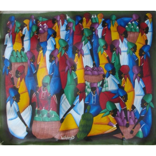 ART NAÏF HAÏTIEN : SCÈNE DE MARCHÉ -HUILE SUR TOILE 60x50 cm