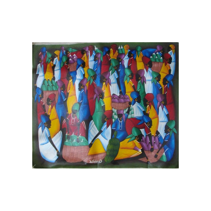 ART NAÏF HAÏTIEN : SCÈNE DE MARCHÉ -HUILE SUR TOILE 60x50 cm