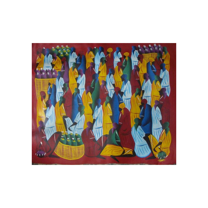 ART NAÏF HAÏTIEN SCÈNE DE MARCHÉ -HUILE SUR TOILE 59x49 cm