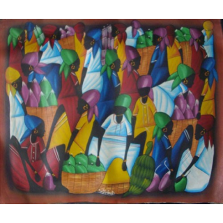 ART NAÏF HAÏTIEN : SCÈNE DE MARCHÉ -HUILE SUR TOILE 60x50 cm