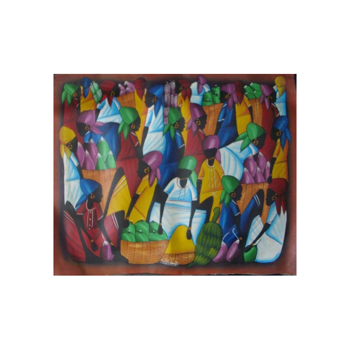 ART NAÏF HAÏTIEN : SCÈNE DE MARCHÉ -HUILE SUR TOILE 60x50 cm