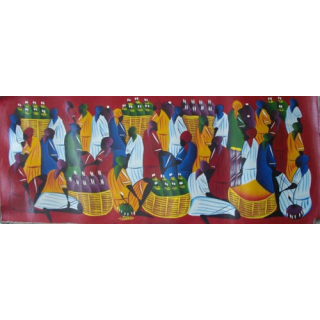 ART NAÏF HAÏTIEN : SCÈNE DE MARCHÉ -HUILE SUR TOILE 30x75 cm