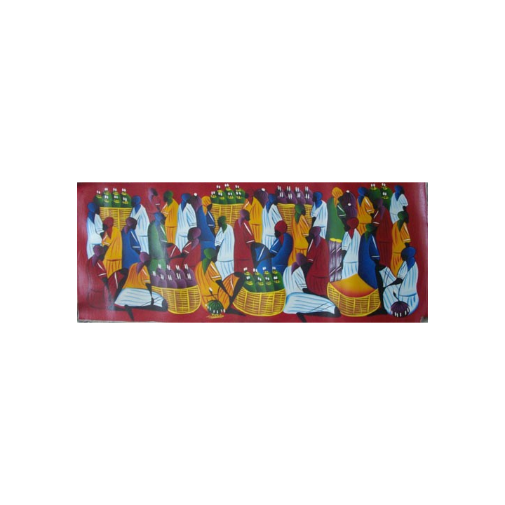 ART NAÏF HAÏTIEN : SCÈNE DE MARCHÉ -HUILE SUR TOILE 30x75 cm