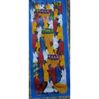 ART NAÏF HAÏTIEN : SCÈNE DE MARCHÉ -HUILE SUR TOILE 30x75 cm