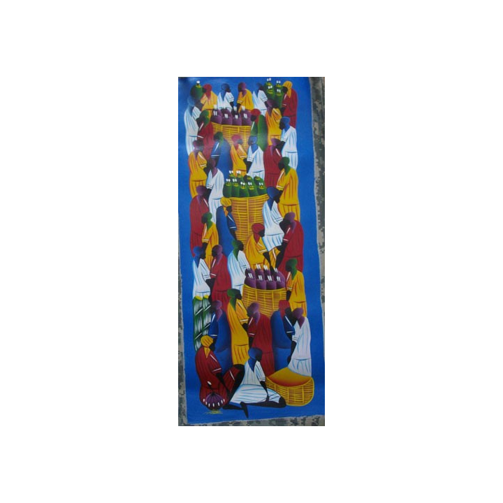 ART NAÏF HAÏTIEN : SCÈNE DE MARCHÉ -HUILE SUR TOILE 30x75 cm