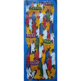 ART NAÏF HAÏTIEN : SCÈNE DE MARCHÉ -HUILE SUR TOILE 30x75 cm