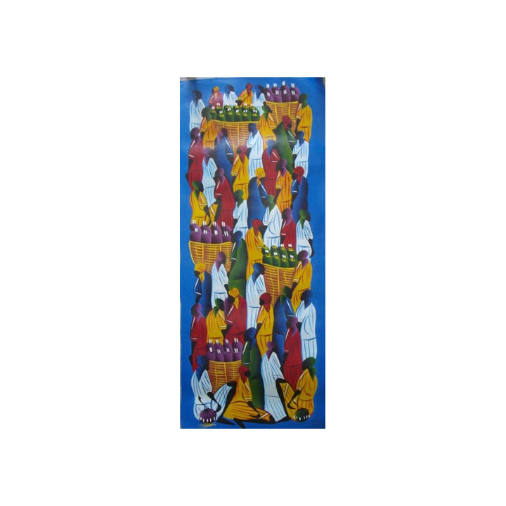 ART NAÏF HAÏTIEN : SCÈNE DE MARCHÉ -HUILE SUR TOILE 30x75 cm