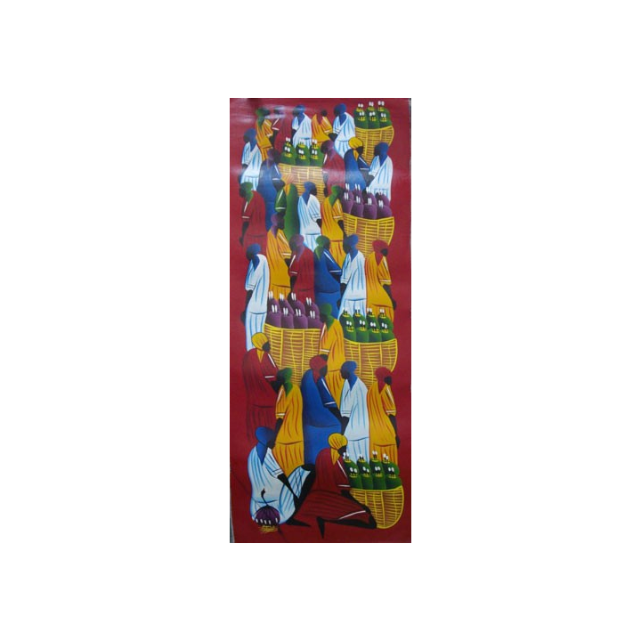 ART NAÏF HAÏTIEN : SCÈNE DE MARCHÉ -HUILE SUR TOILE 30x75 cm