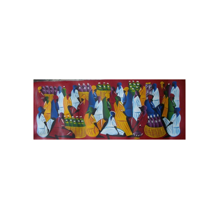 ART NAÏF HAÏTIEN : SCÈNE DE MARCHÉ -HUILE SUR TOILE 30x75 cm
