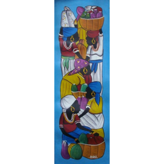 ART NAÏF HAÏTIEN : SCÈNE DE MARCHÉ -HUILE SUR TOILE 30x75 cm