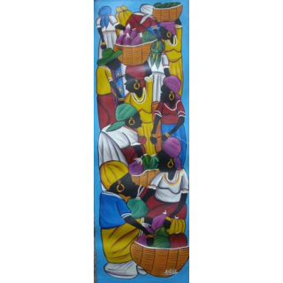 ART NAÏF HAÏTIEN : SCÈNE DE MARCHÉ -HUILE SUR TOILE 25x75 cm