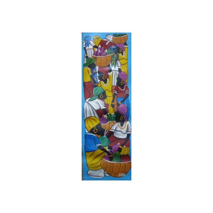 ART NAÏF HAÏTIEN : SCÈNE DE MARCHÉ -HUILE SUR TOILE 25x75 cm