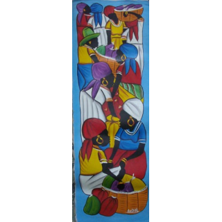 ART NAÏF HAÏTIEN : SCÈNE DE MARCHÉ -HUILE SUR TOILE 25 x 75 cm
