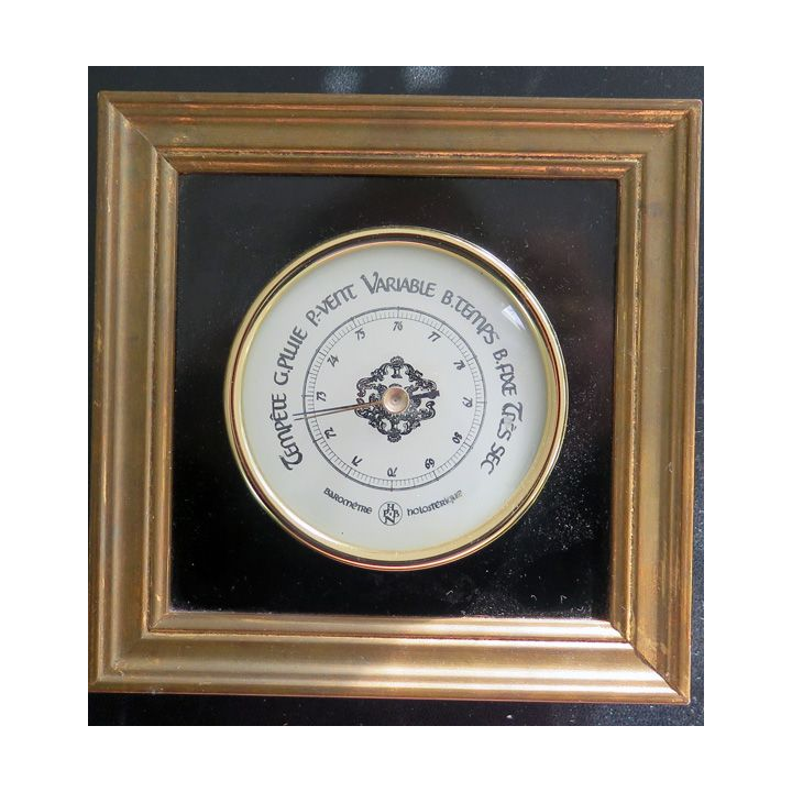 vieux baromètre holostérique 8 cm de diamètre dans cadre bois 15x15 cm