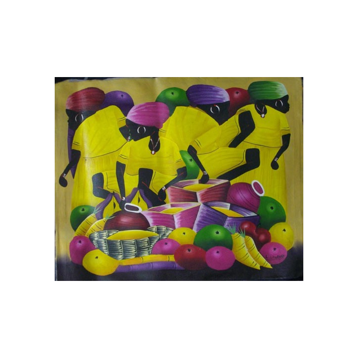 ART NAÏF HAÏTIEN : SCÈNE DE MARCHÉ -HUILE SUR TOILE 50x60 cm