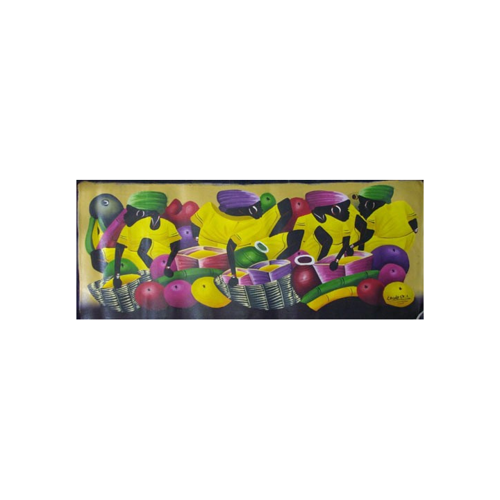 ART NAÏF HAÏTIEN : SCÈNE DE MARCHÉ -HUILE SUR TOILE 30x75 cm