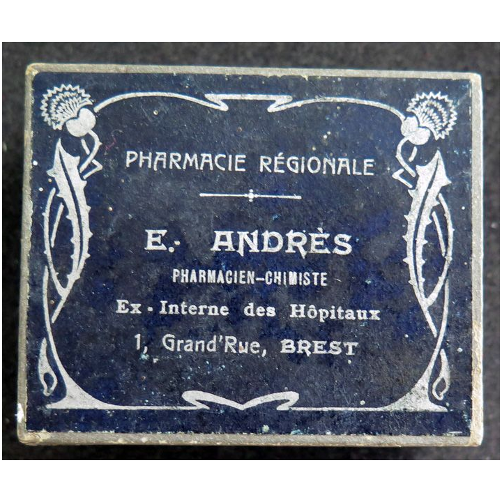 Vieille boite de médicaments Pharmacie régionale E. Andrès Brest avec posologie intérieure