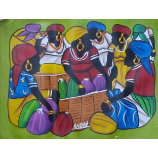 ART NAÏF HAÏTIEN : SCÈNE DE MARCHÉ -HUILE SUR TOILE 30 x 40 cm
