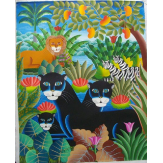 ART NAÏF HAÏTIEN : JUNGLE - HUILE SUR TOILE 75 x 60 cm