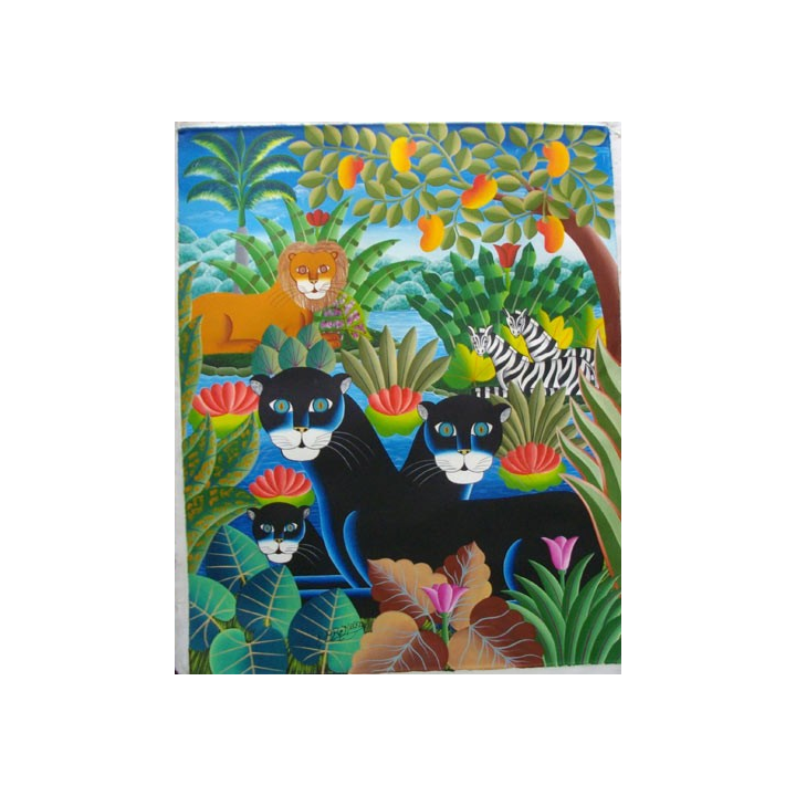 ART NAÏF HAÏTIEN : JUNGLE - HUILE SUR TOILE 75 x 60 cm