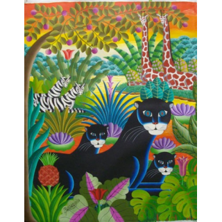 ART NAÏF HAÏTIEN : JUNGLE - HUILE SUR TOILE 74 x 60 cm