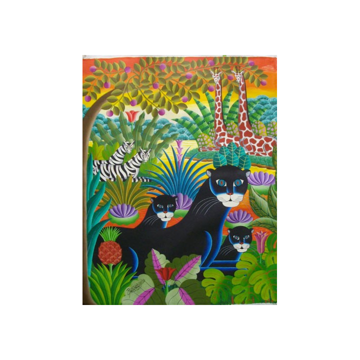 ART NAÏF HAÏTIEN : JUNGLE - HUILE SUR TOILE 74 x 60 cm