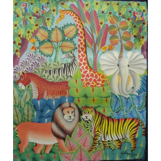 ART NAÏF HAÏTIEN : JUNGLE - HUILE SUR TOILE 50 x 60 cm