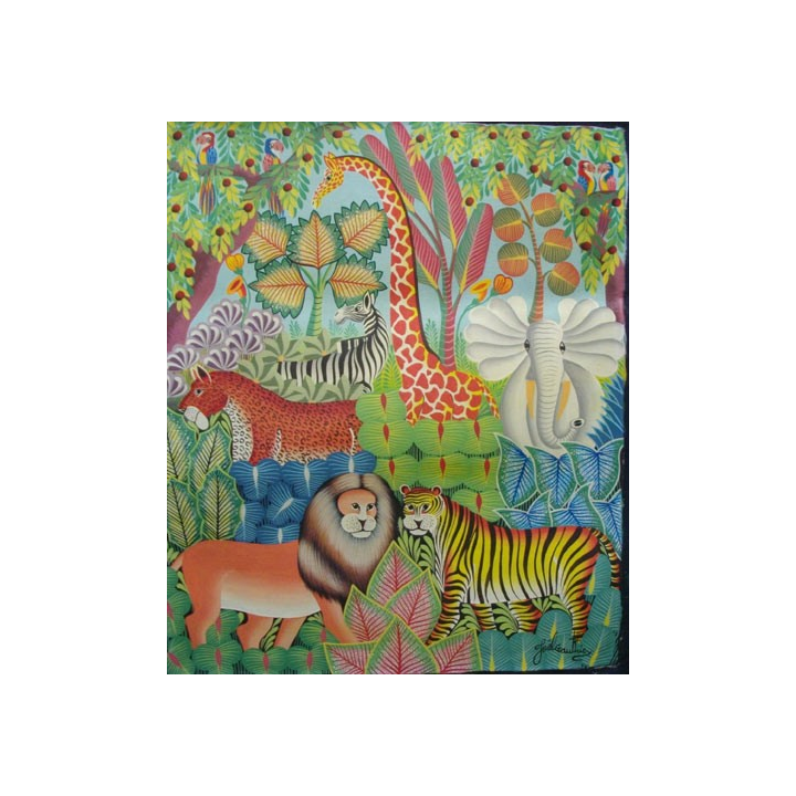 ART NAÏF HAÏTIEN : JUNGLE - HUILE SUR TOILE 50 x 60 cm