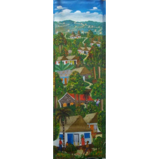 ART NAÏF HAÏTIEN : VILLAGE -HUILE SUR TOILE 30 x 100 cm