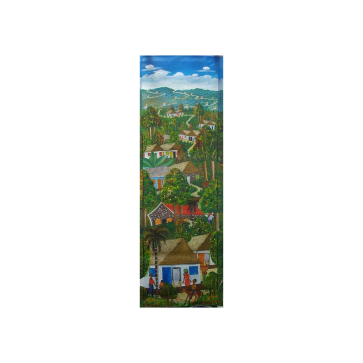 ART NAÏF HAÏTIEN : VILLAGE -HUILE SUR TOILE 30 x 100 cm