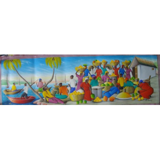 38. ART NAÏF HAÏTIEN : MARCHÉ -HUILE SUR TOILE 30 x 100 cm