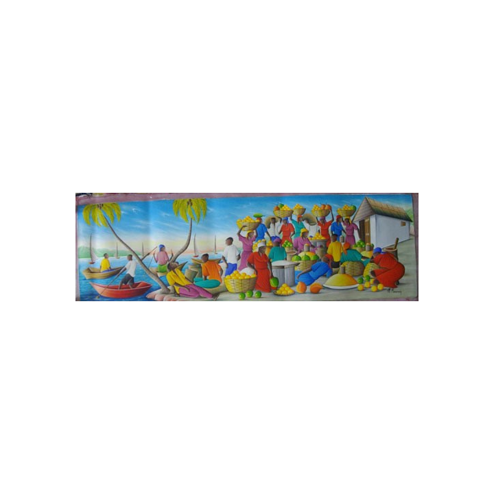 38. ART NAÏF HAÏTIEN : MARCHÉ -HUILE SUR TOILE 30 x 100 cm