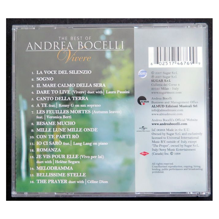 DISQUE CD : Vivere The Best of Andre Bocelli