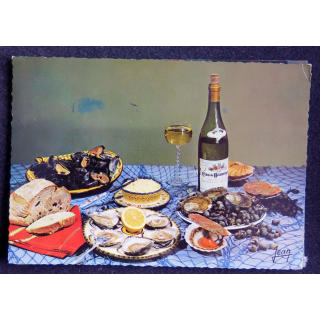 Carte Postale Table de fruits de mer, Huitres, Saint-Jacques, bigorneaux, moules