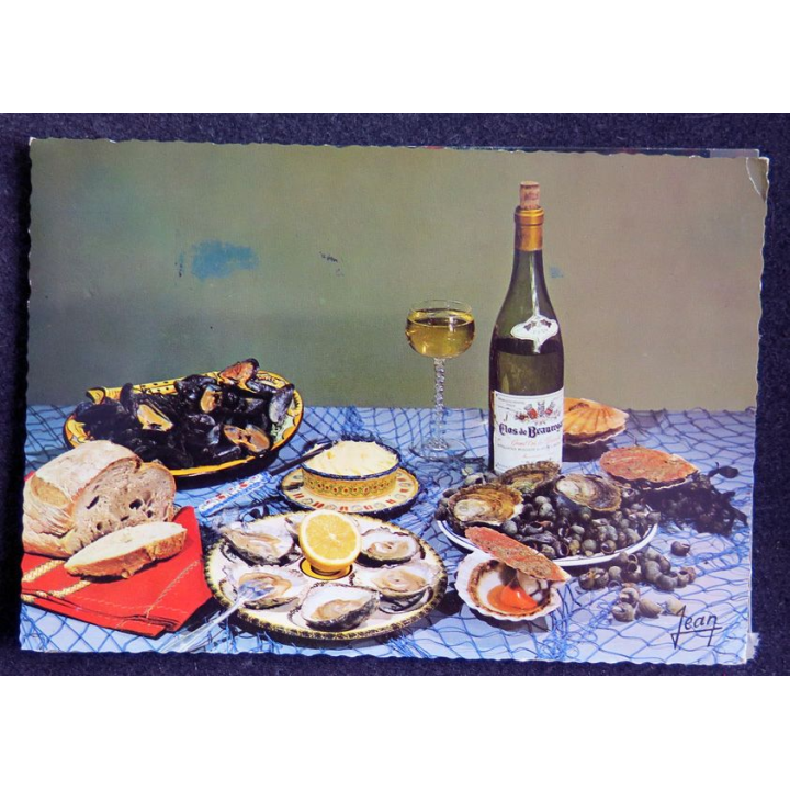 Carte Postale Table de fruits de mer, Huitres, Saint-Jacques, bigorneaux, moules