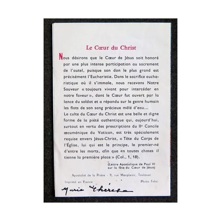 Image du pape Paul VI avec Prière Le Coeur du Christ