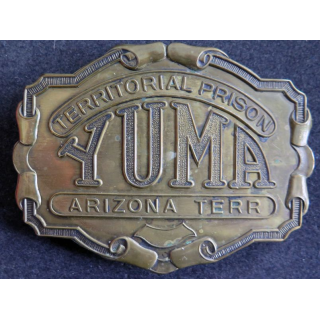 USA : Grosse boucle de ceinturon laiton épais Territorial Prison Yuma Arizona Territoire 10 x 7,5 cm