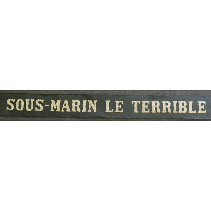 MARINE : bande de bachi de marin "SOUS-MARIN LE TERRIBLE" longueur 65 cm fils dorés