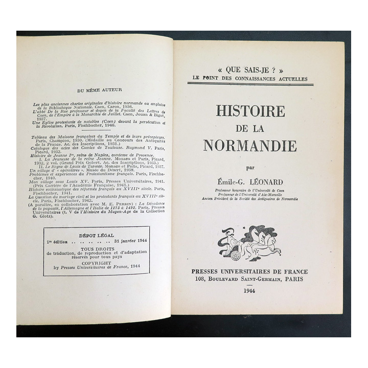 Que sais-je n° 127 : Histoire de la Normandie par E.-G. Léonard 1944 PUF