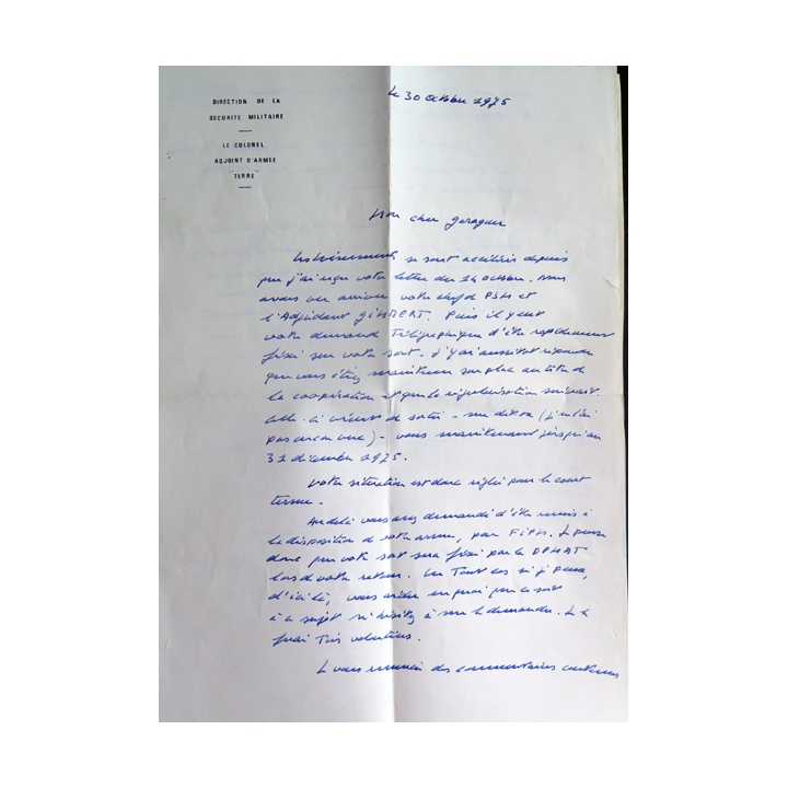 Lettre du Chef de Bataillon Goraguer au Colonel de la DSM sur le Tchad 1975