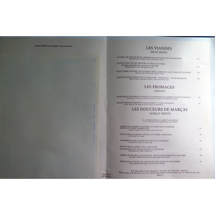 Menu du Château de Marçay 30 x 43cm