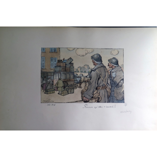 Lithographie originale d'Abel Faivre "Pourvu qu'elles tiennent" de juin 1918 n° 65/300 signée au crayon par l'auteur